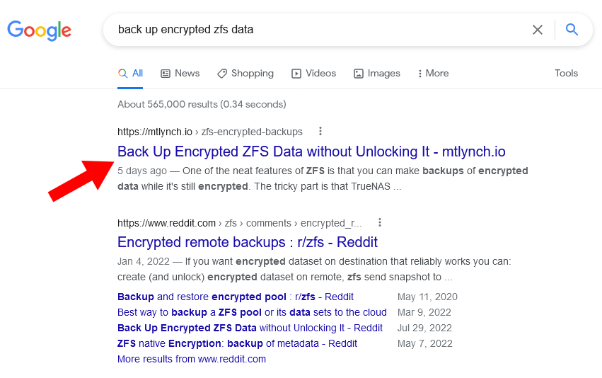 Screenshot of my article at #1 for Google search of 'back up encrypted zfs data'