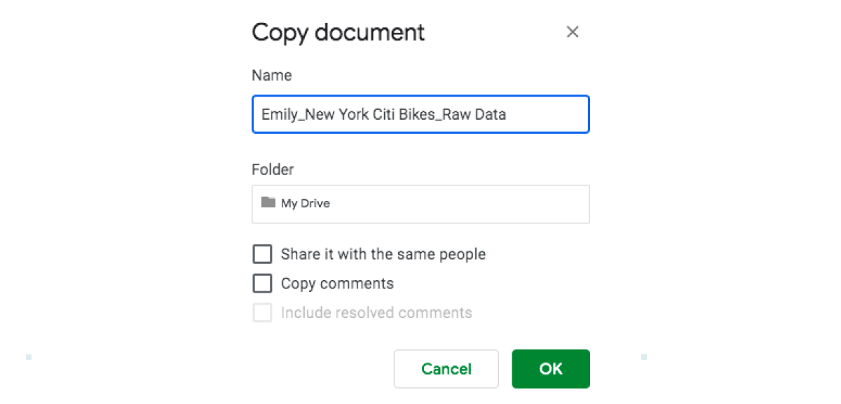 The screen that appears when you make a copy of a Google Sheets file, prompting you to rename the file copy