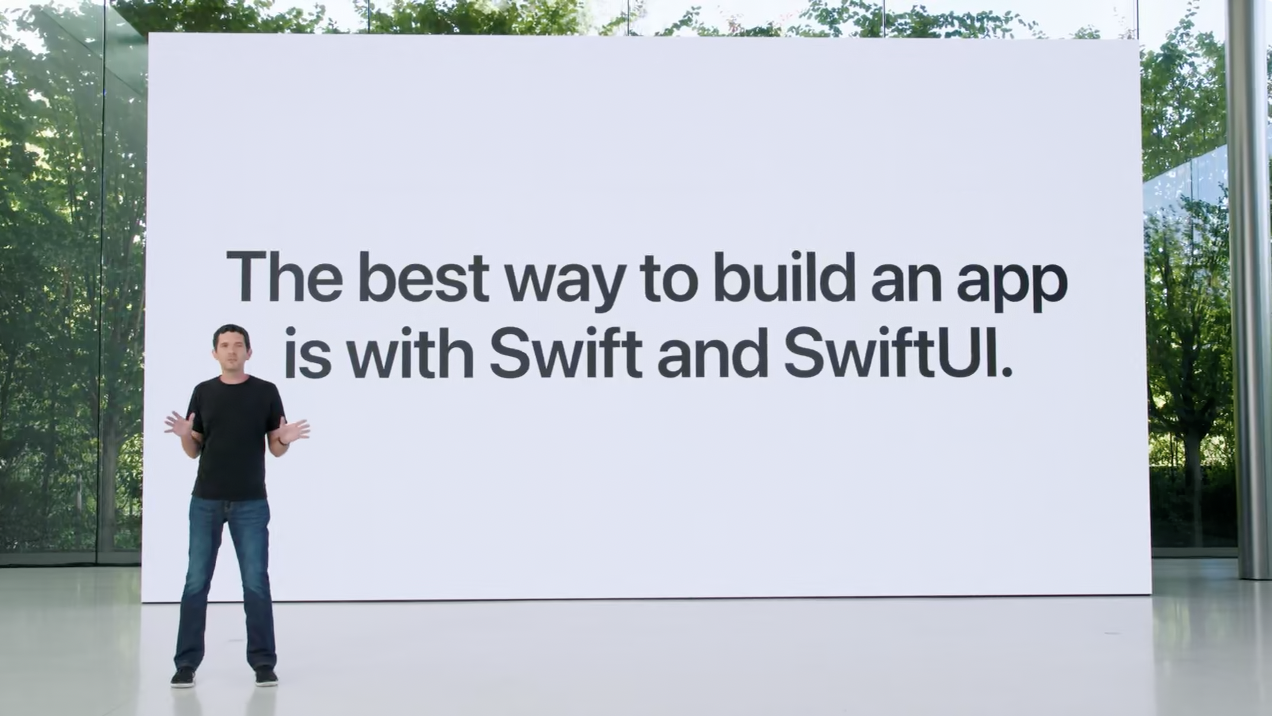 A slide saying that Swift and SwiftUI are the best ways to build new apps.