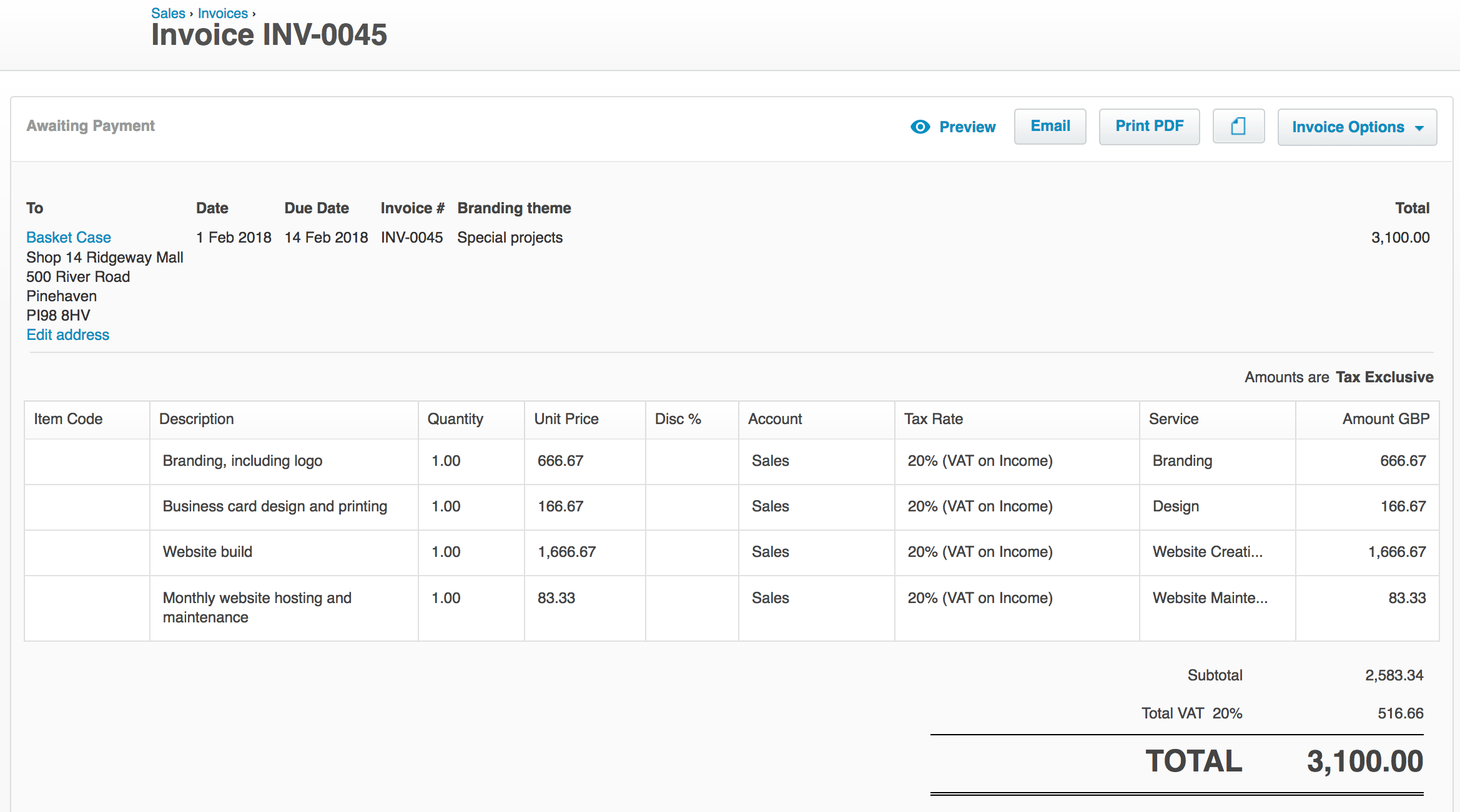 Sales invoice showing multiple services