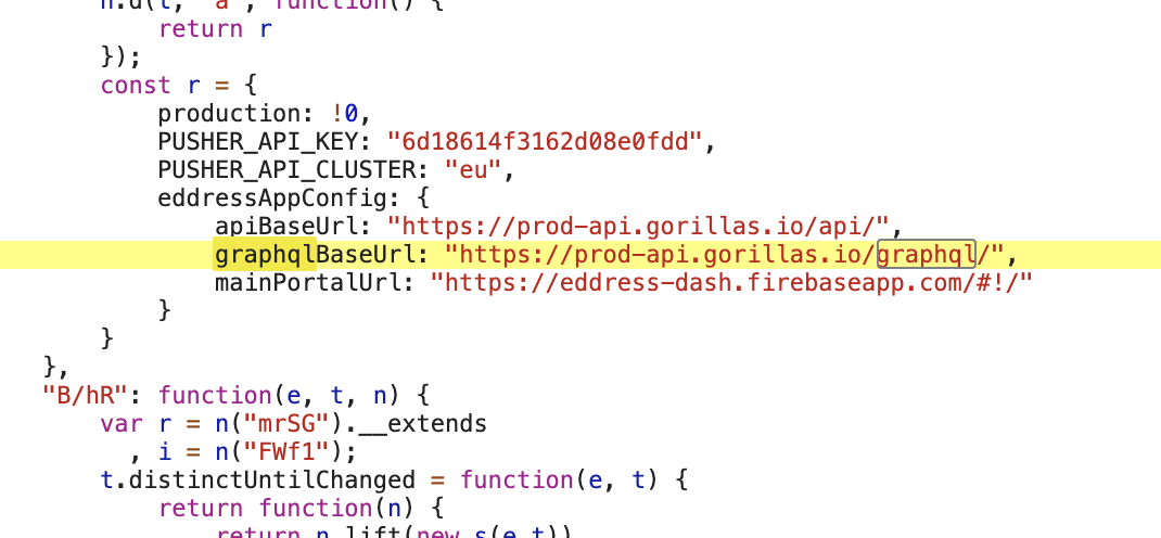 Screenshot eines Stücks JavaScript-Codes. In diesem ist eine Zeile mit einer URL markiert in der 'graphql' steht.