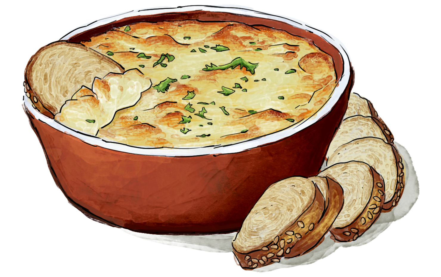 Illustration of a plate of bowl of hot crab dip