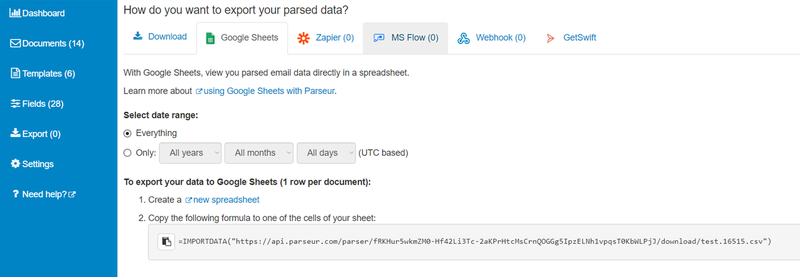 export data to google sheets