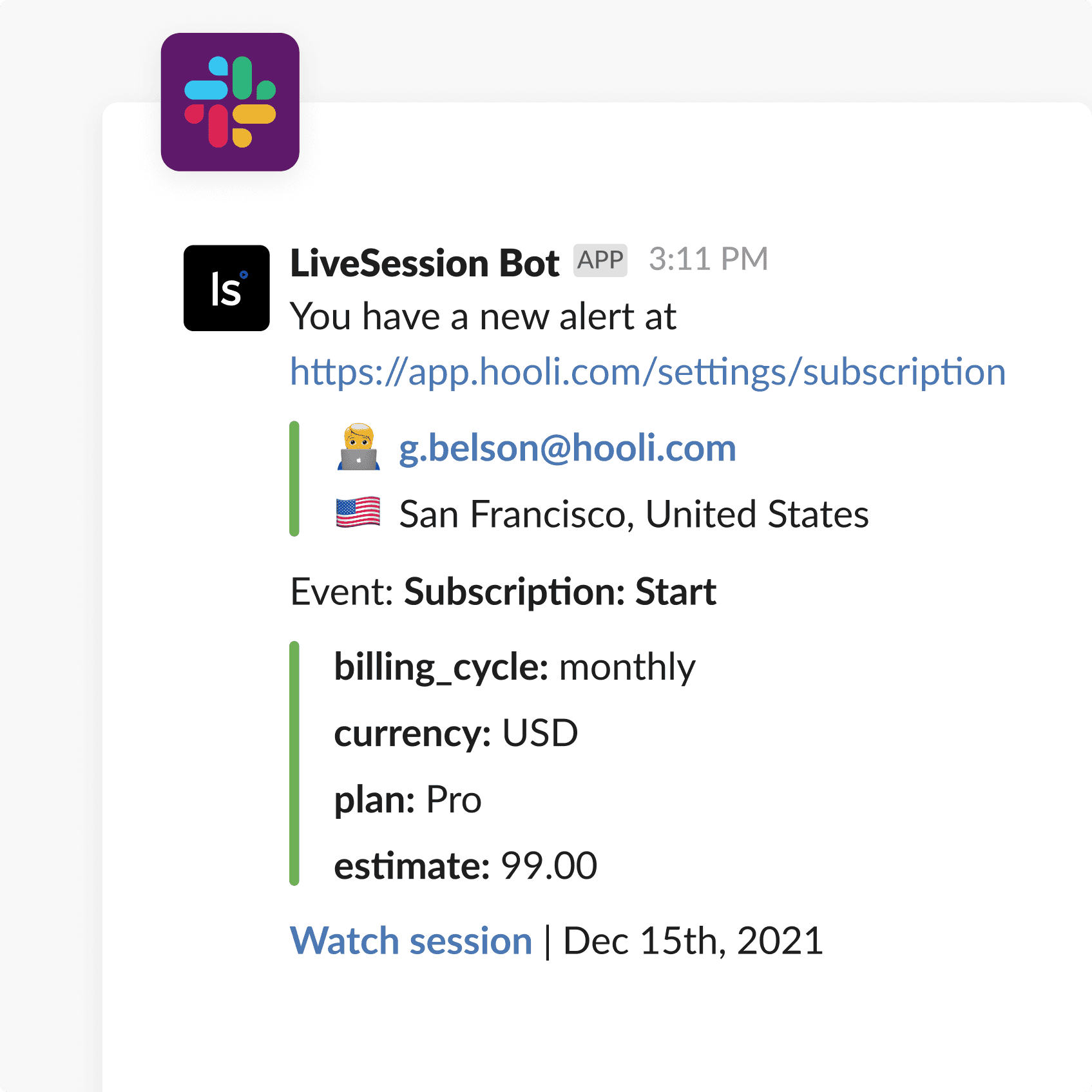 notifications from Slack about important business events, such as starting a new subscription or completing the process of bringing users into the app