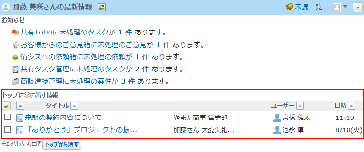 報告書をトップページの最新情報パーツに表示している画像
