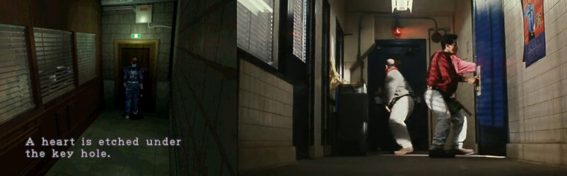 A shot from Resident Evil 2 on the PlayStation and the Super Mario Bros. movie, showing similarly designed corridor