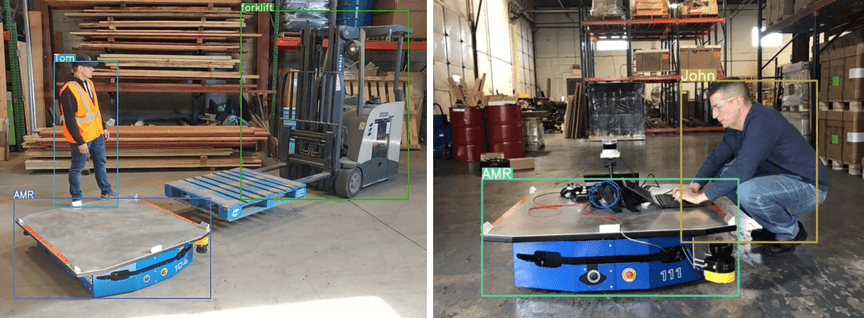 Tom (left) and John (right) working on their AGV software in the warehouse