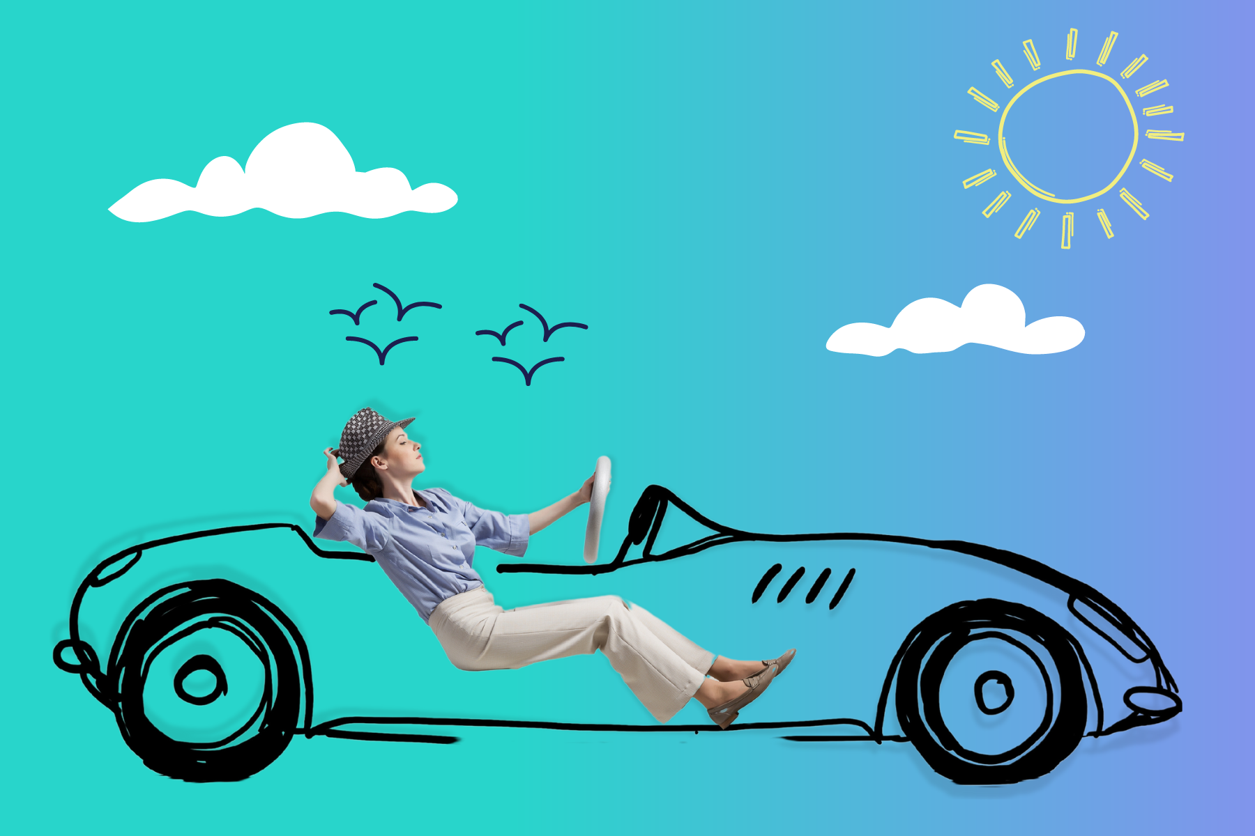 Woman riding in a sketch of sports car: Enjoying what having a new car would feel like!