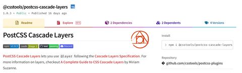 An image of the PostCSS Cascade Layers Plugin NPM package README
including the version number, installation command, and a description of the
package.
