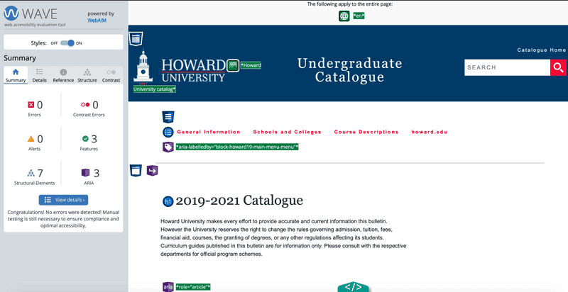 WAVE accessibility audit applied to Howard University Catalog