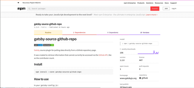 gatsby-source-github-repo plugin on npm