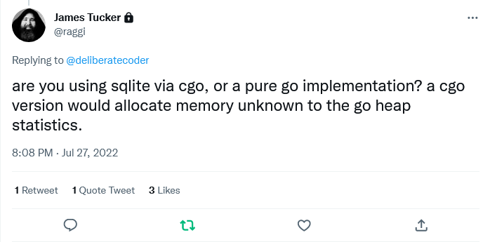 are you using sqlite via cgo, or a pure go implementation? a cgo version would allocate memory unknown to the go heap statistics.