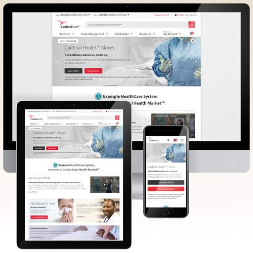 A website for a Fortune 500 medical supply company is shown on a desktop PC, a tablet, and a phone screen.