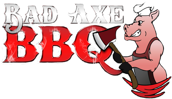 Bad Axe B B Q logo, white and red text with a pig holding an axe in a chef's hat