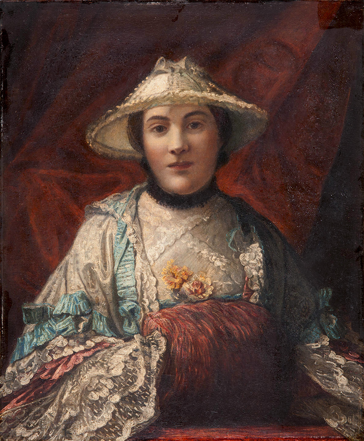 Portrait of a woman with silk and lace trimmed sleeves wearing a bonnet and sitting against a draped background.