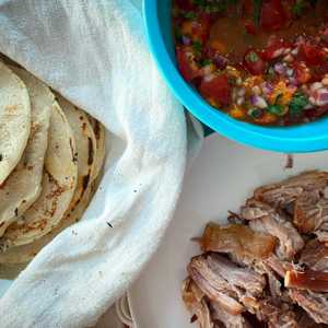 Pork belly tacos with apricot salsa