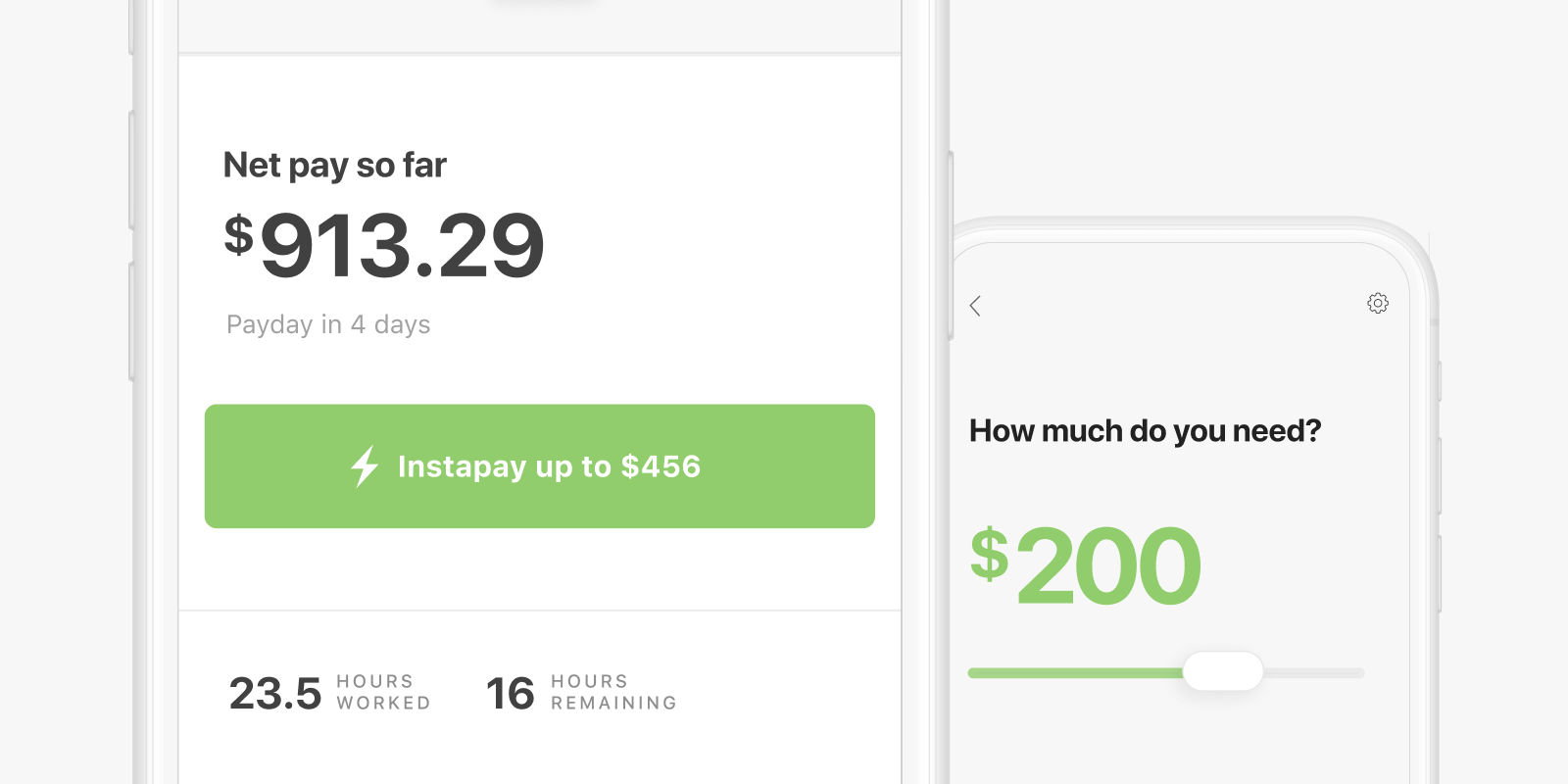 The Even app's Instapay screen, showing a fictional member's net pay earned of $913.29 so far, and the ability to request up to $456 as an Instapay.