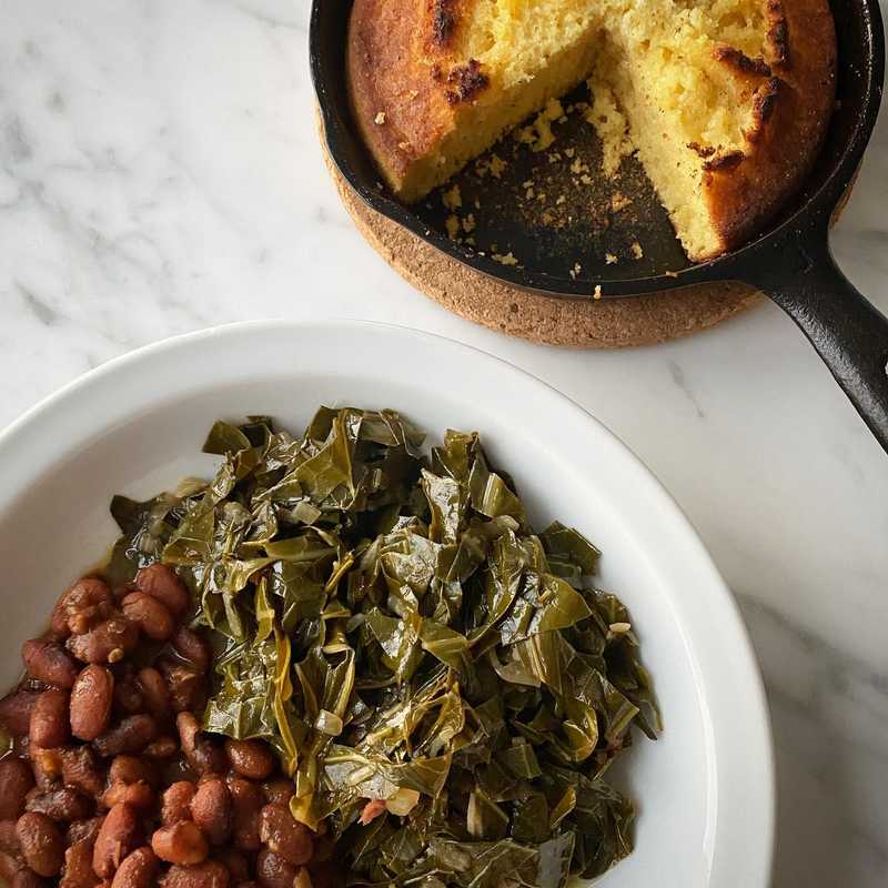 Beans and cornbread. Added braised @localrootsnyc collard greens using The Kitchenista’s “how to make a pot of southern greens” recipe. Pressure cooked…