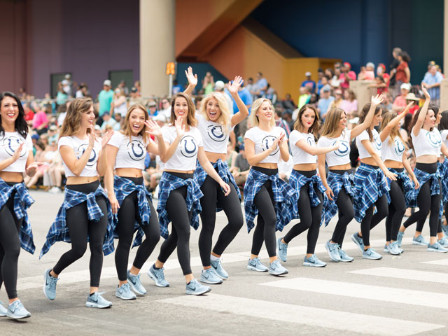Indianapolis Colts cheerleaders taking part in the Indy 500 parade for NFL promotion