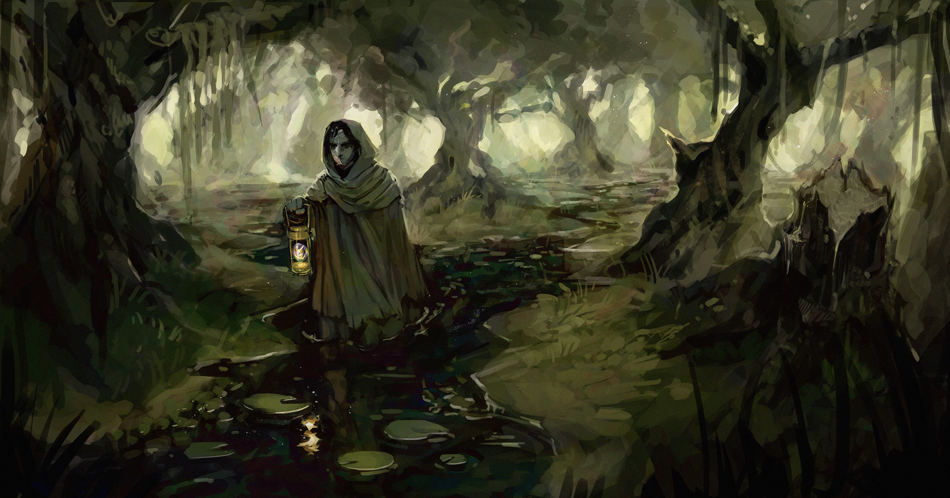 A cloaked figure holding a lantern walking through a swamp.
