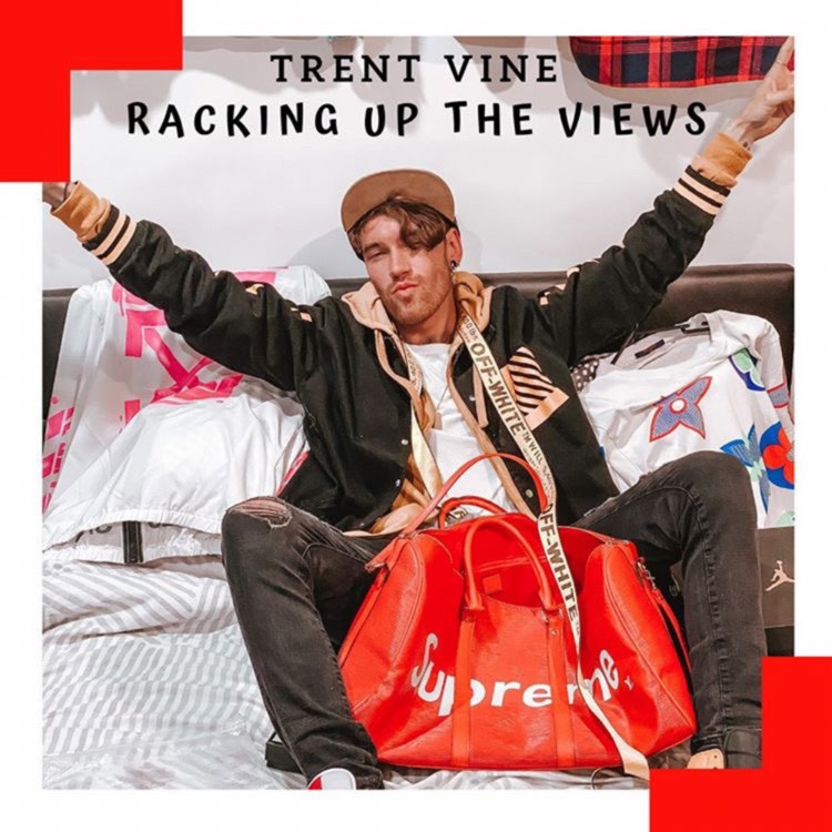 Album art of Trent sitting on a hotel bed with a red Supreme bag between his legs, and his arms in the air.