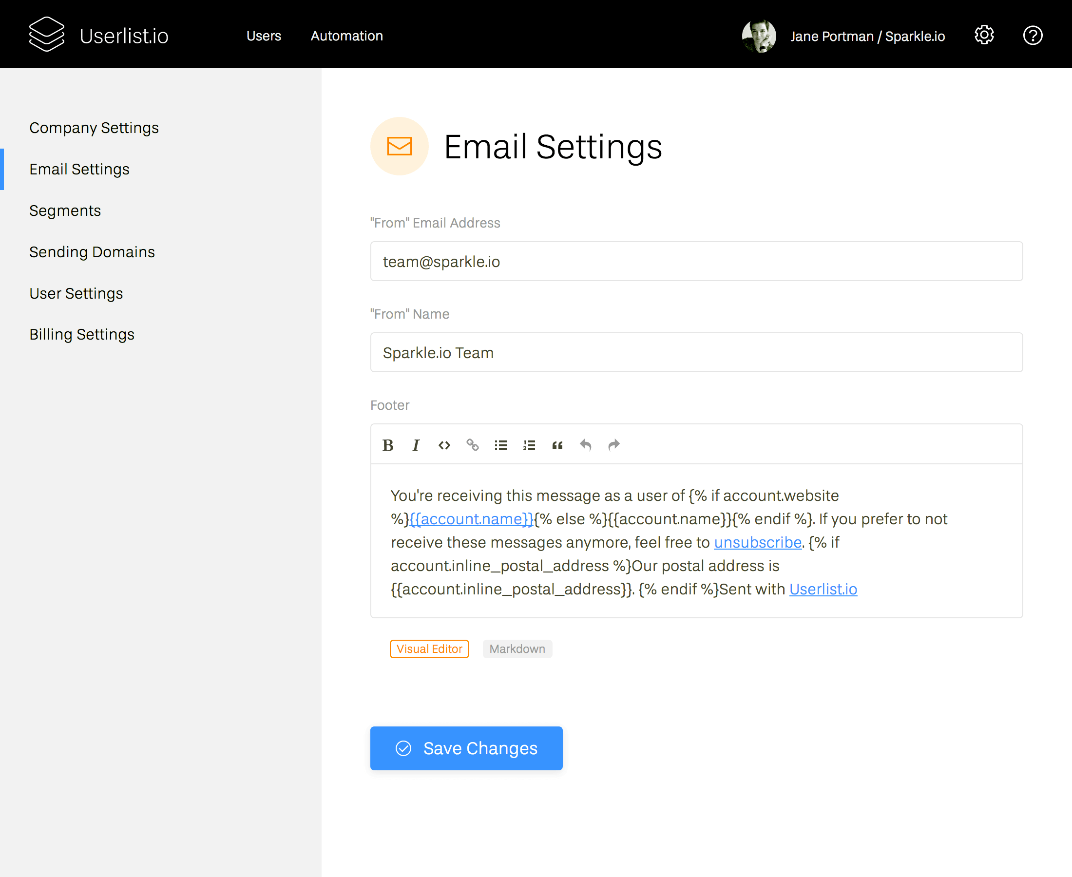 Screenshot of email settings page on Userlist