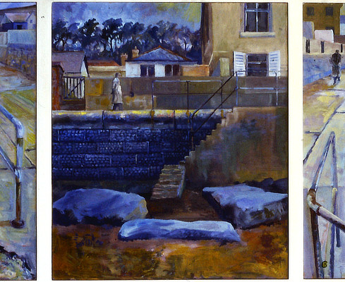 triptych painting of a figure walking along Sandgate sea wall from different angles