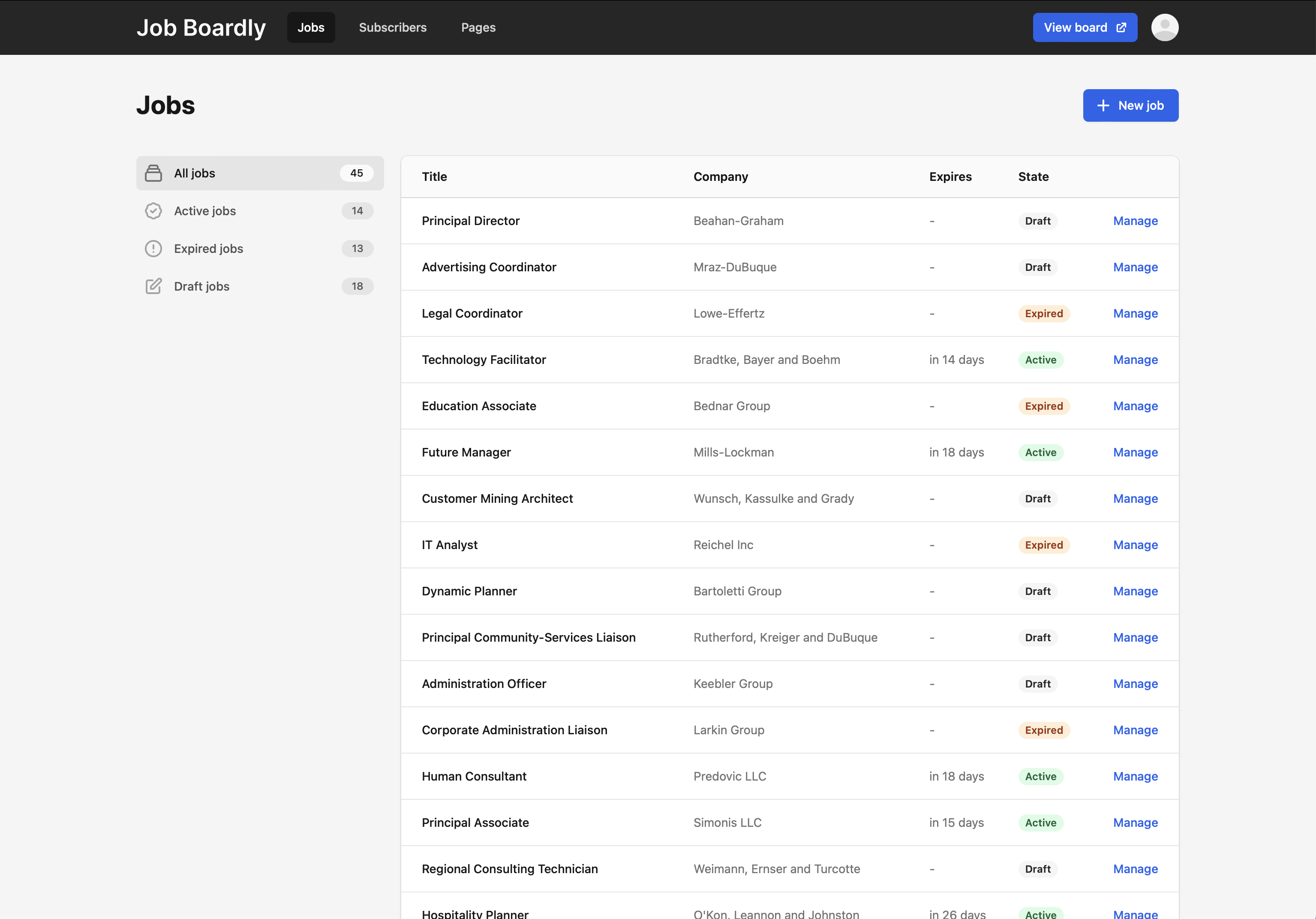 Job board backend interface