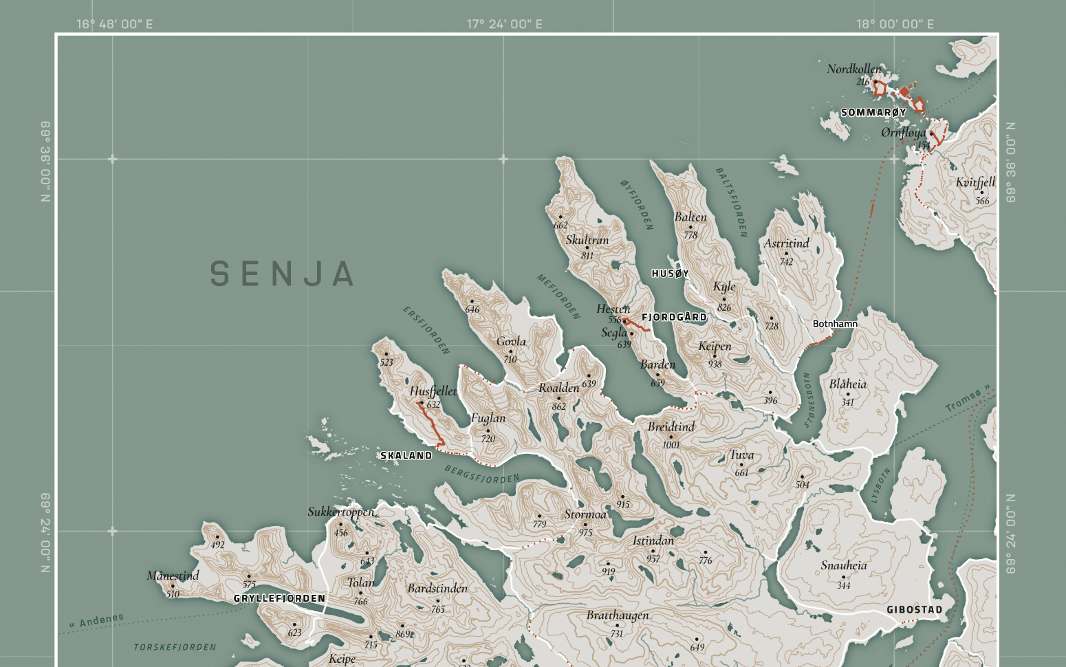 Zooming in on Senja on the digital map