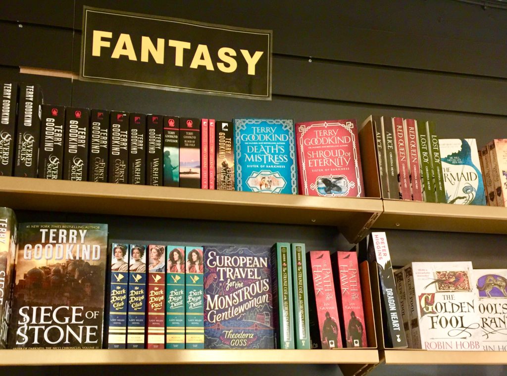 a book display in the sci-fi bookshop in stockholm, sweden