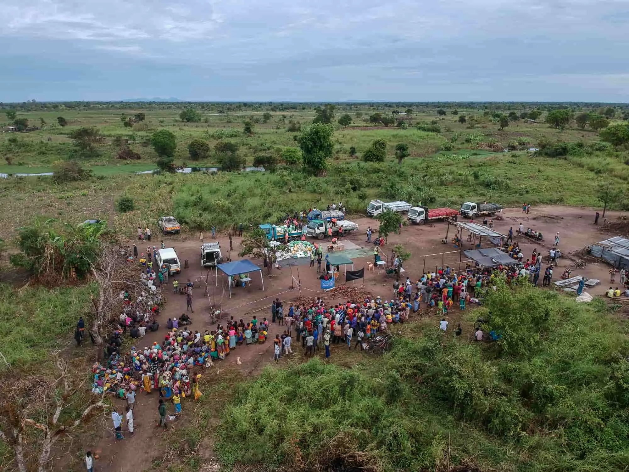 Aerial view of aid distribution in rural Mozambique