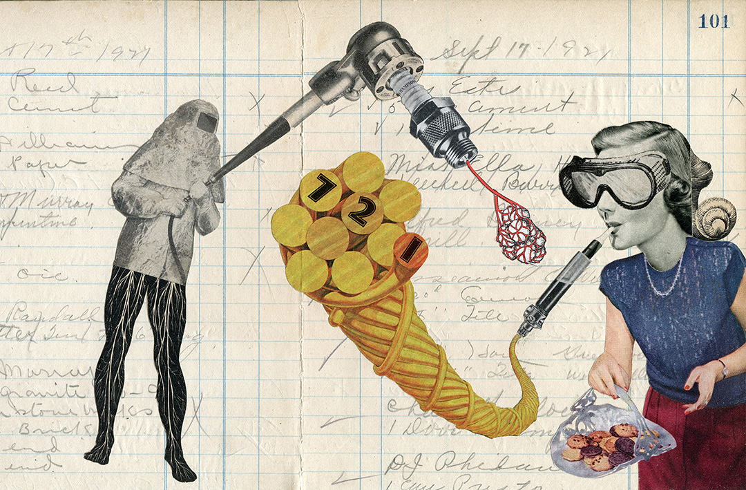 On the right, a woman from the 50s with goggles holding a basket of cookies blowing a liquid filled vile that turns into a bundle of wires. On the left, a person in a fireproof suit with legs showing the human nerves, holds a a fire extinguisher with a large sparkplug in it pointed at the woman's vile. The background is a stained page from a ledger.