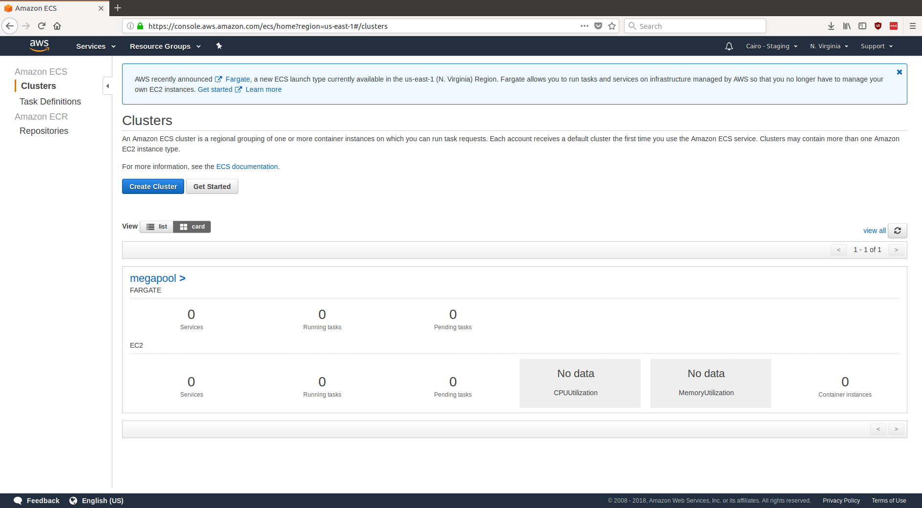 A screenshot of the ECS cluster in the AWS web UI
