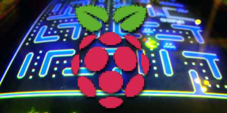 The Raspberry pi logo in front of pacman