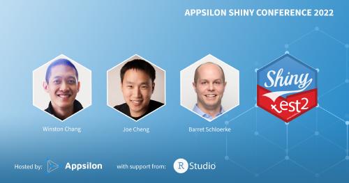 Thumbnail Headshots of Winston Chang, Joe Cheng, Barret Schloerke, and the shinytest2 hex sticker which is looks like a mashup of the Shiny hex and the testthat hex sticker. The text says Appsilon Shiny Conference 2022, hosted by Appsilon with support from RStudio.