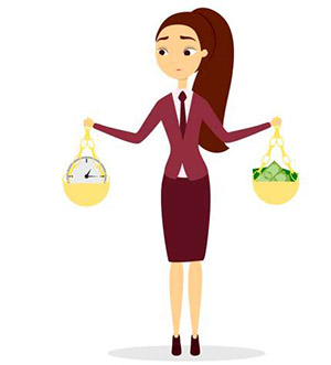women in a business suit holding a balance with money on one side and time on the other side