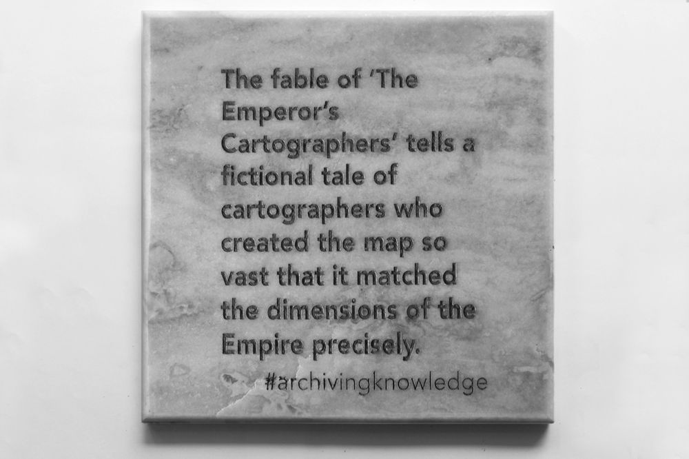 The fable of ‘The Emperor’s Cartographers’ tells a fictional tale of cartographers who created the map so vast that it matched the dimensions of the empire precisely, From the series: Archiving Knowledge, hand engraved marble, 2018