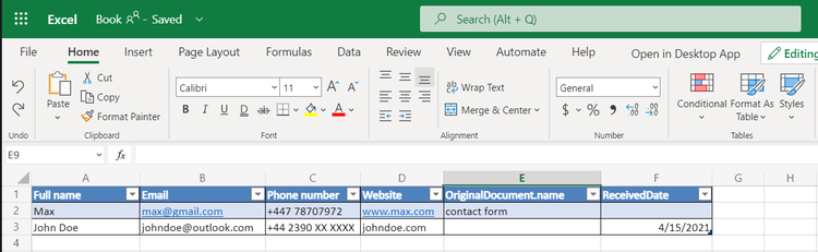 Parsed data added automatically in the Excel spreadsheet