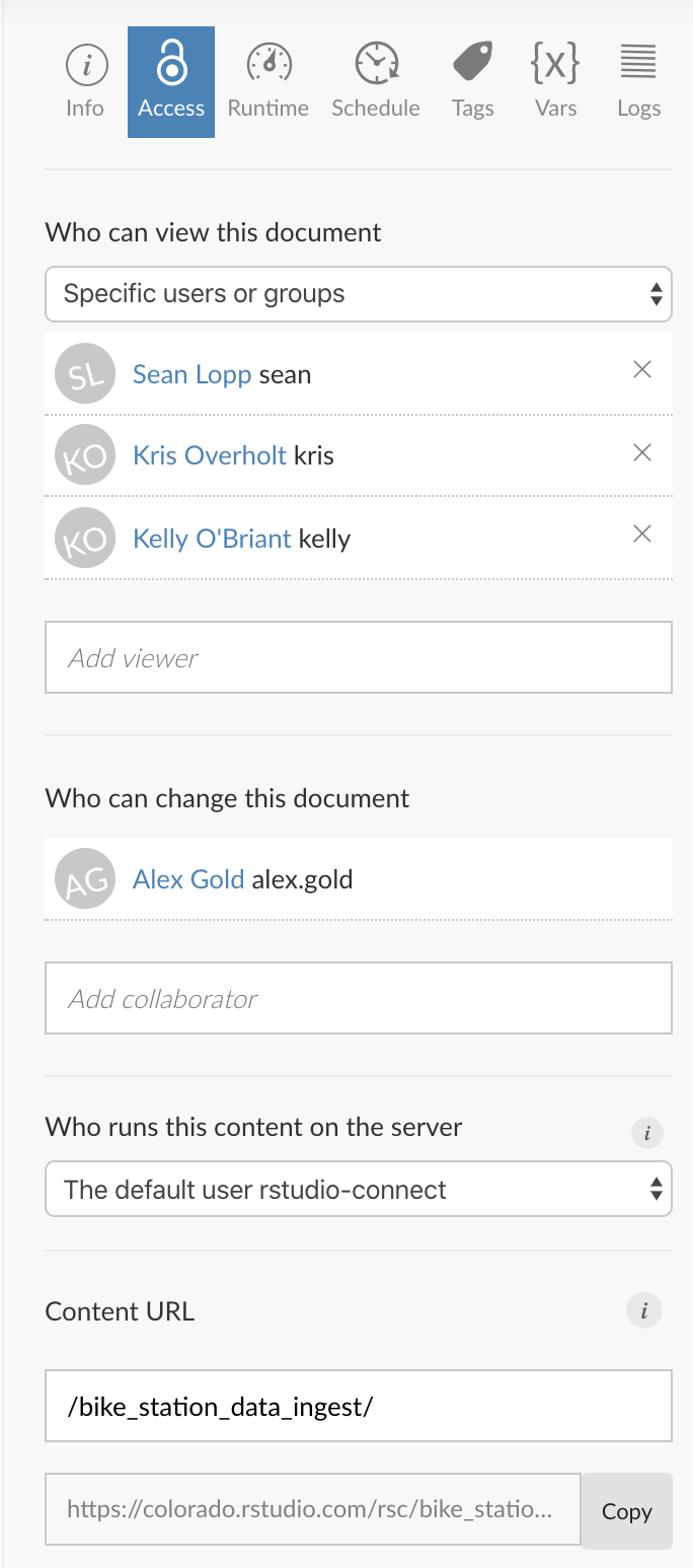 Access controls on RStudio Connect.
