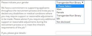 A screenshot of a website form which says "Please indicate your gender" and has a select box with options for "Male", "Female", "Transgender/Non Binary", "MX", "Not disclosed"