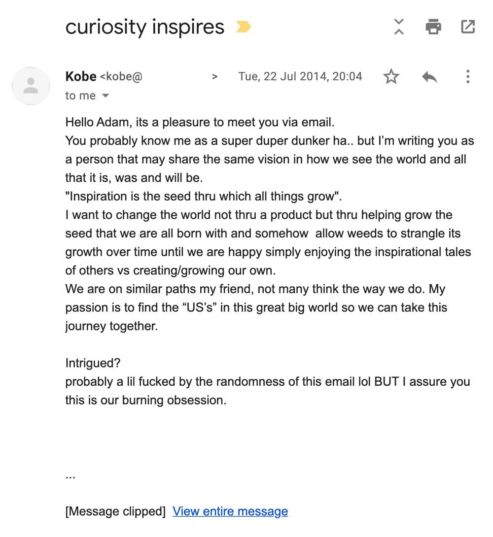 A screenshot of an email from Kobe Bryant to Adam Westbrook