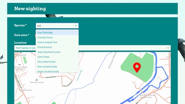 Screenshot from the 'add new sighting' page of the Fledgling app on a large screen