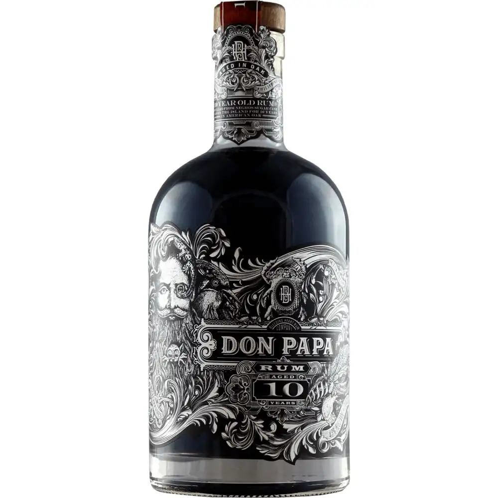Image of the front of the bottle of the rum Don Papa 10 Years