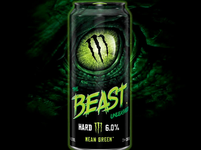 A 16oz can of Monster Energy's Mean Green flavor of The Beast Unleashed