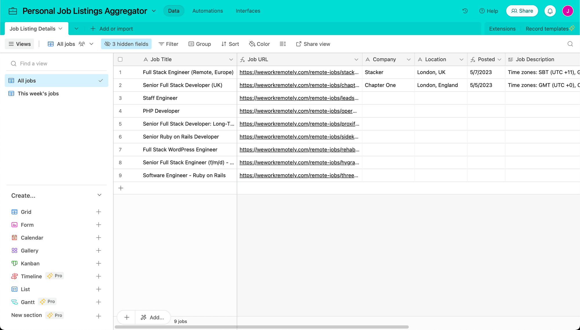 Screenshot of Airtable all jobs view with sample data