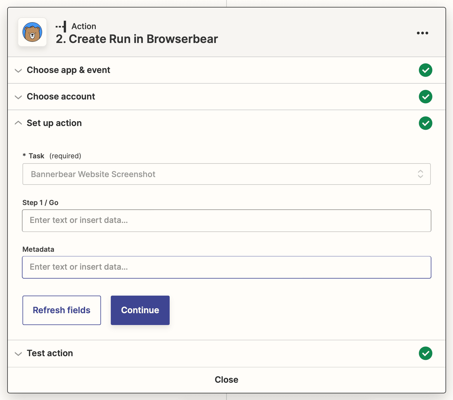 Screenshot of Browserbear create run action setup