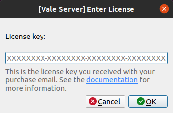 A screenshot of Vale Server's 'Enter License' dialog.