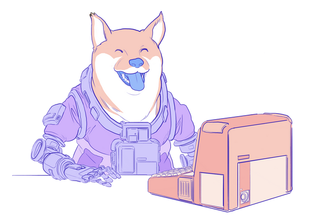 Ilustracija psa Doge-a koji upotrebljava računalo