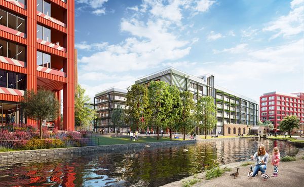 Hawkins Brown - Electric Park - Exterior CGI - woman and child feeding ducks ner the river canal.
