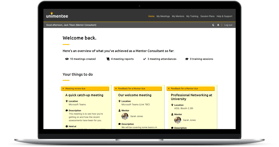 Unimentee homepage showing a dashboard for mentor consulants.